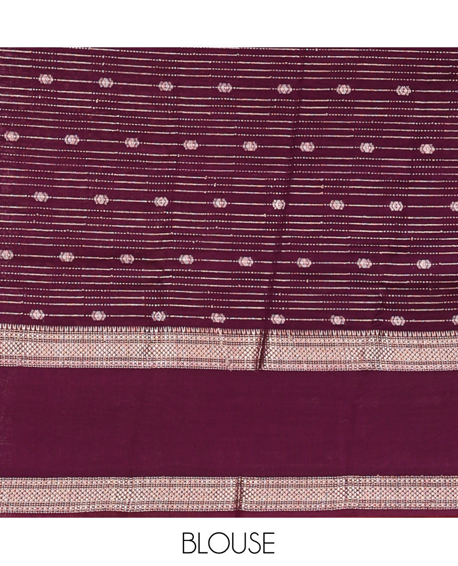 Cream Assam Silk Saree, Impeccably Styled with Zari Stripes, Complemented by a Contrast Traditional Zari Border, Zari-Striped Pallu, and a Contrast Blouse