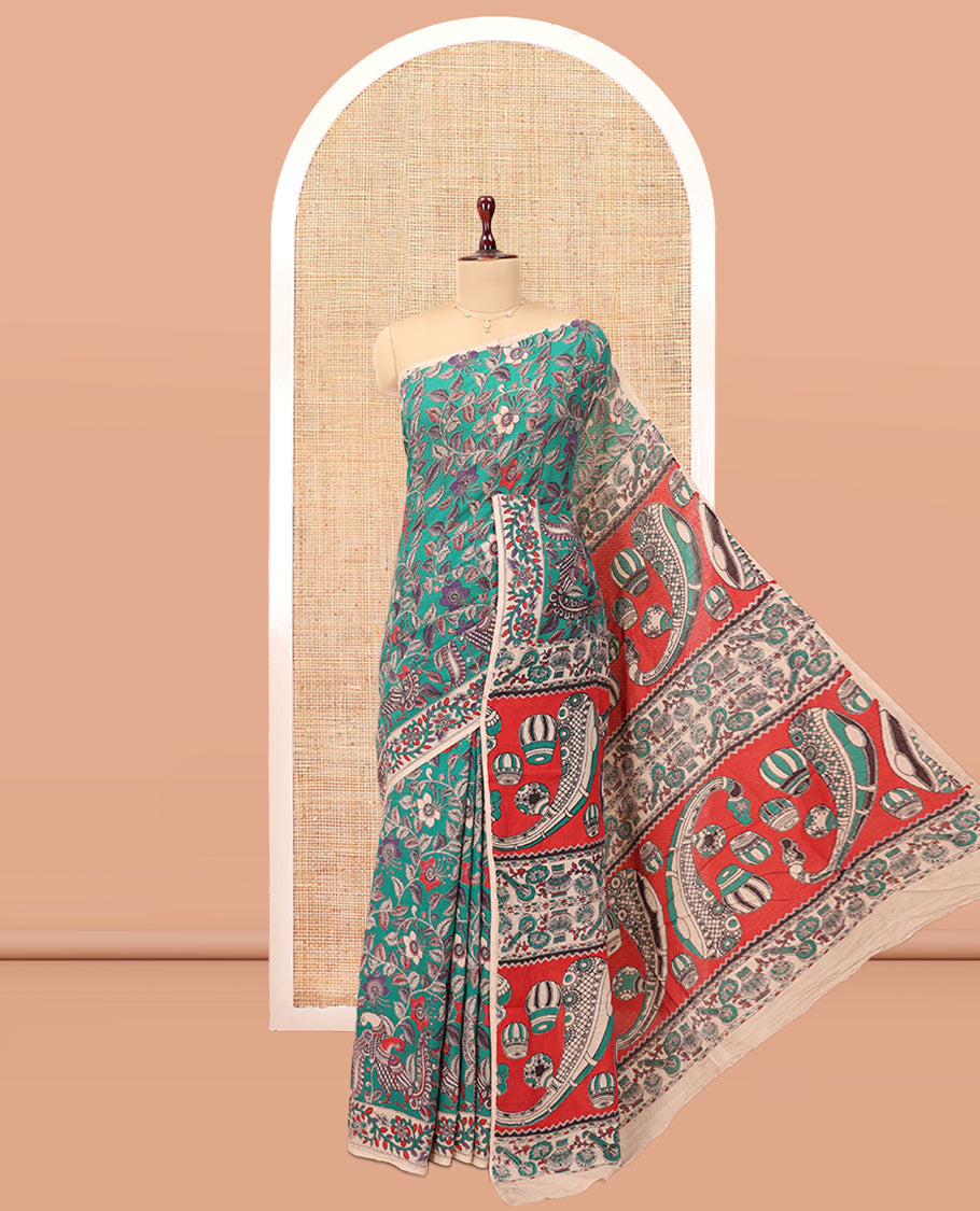 Blue Kalamkari Cotton Saree, Adorned with Floral Vine Print, Contrast Printed Border, Kalamkari Musical Instrument Motifs Pallu, and a Contrast Blouse