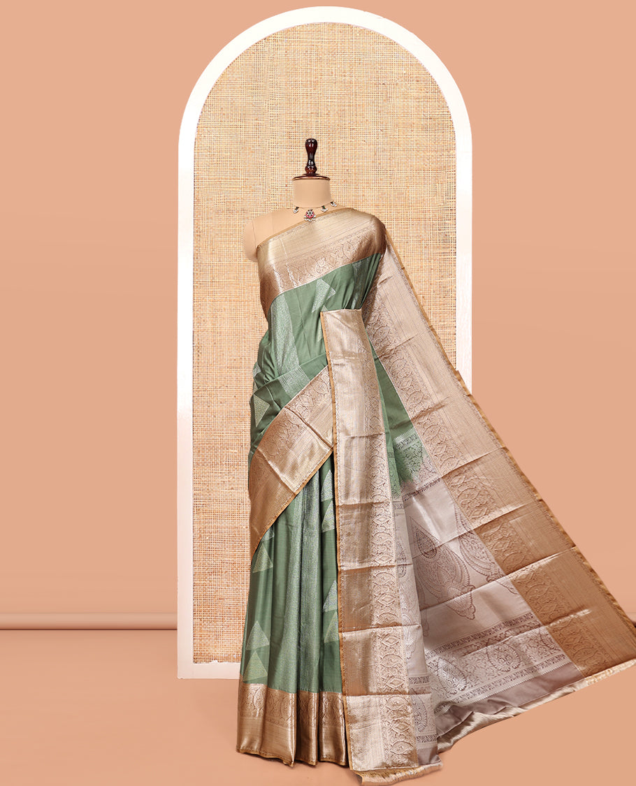Green Budget Silk Saree, Bedecked with Stripes and Buttas, Contrast Traditional Zari Border, Intricate Pallu, and a Contrast Blouse