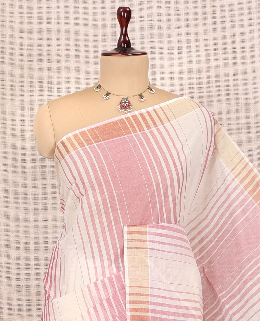 Cream-Pink Jute Cotton Saree