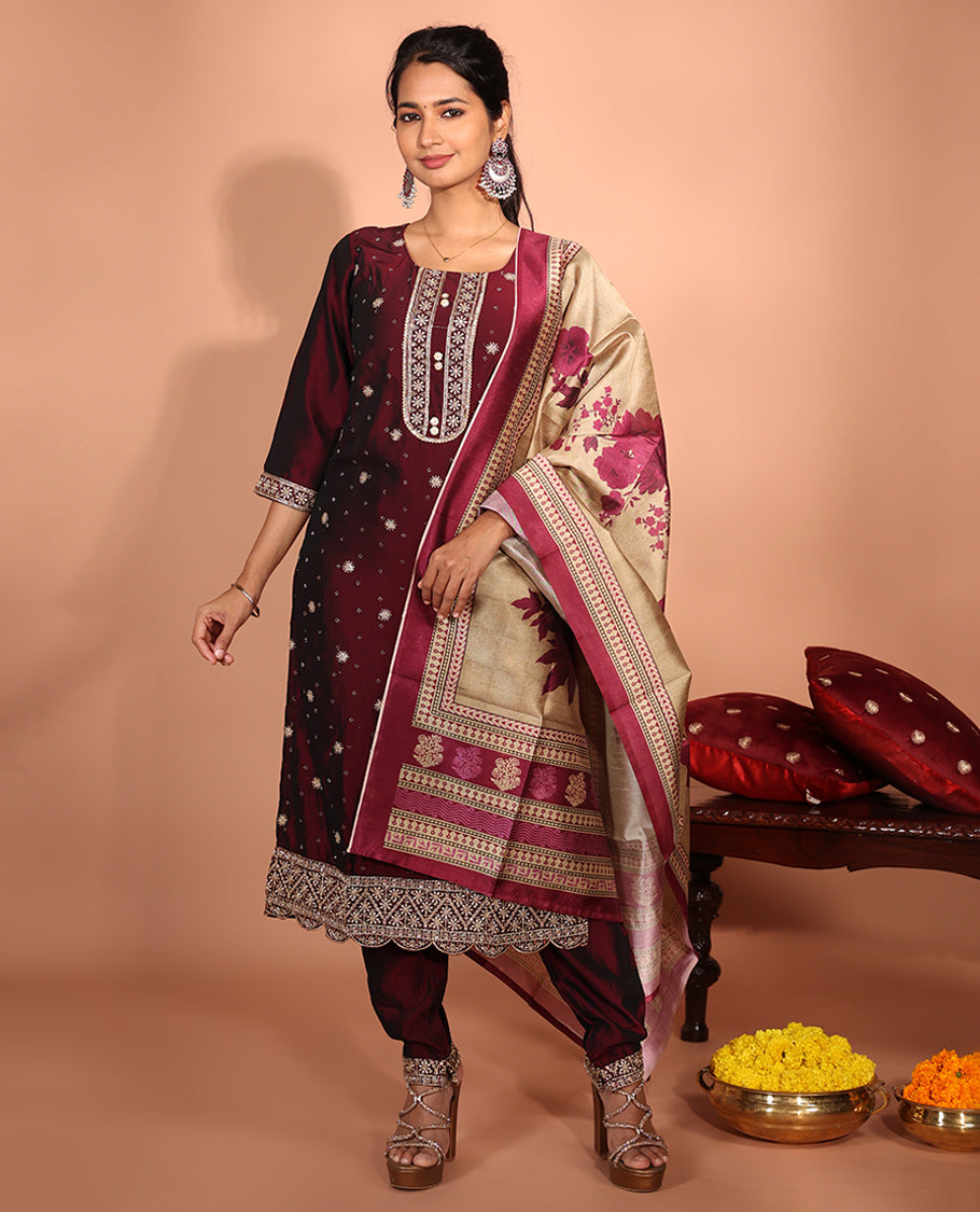 Maroon Vichitra Silk Readymade Suit