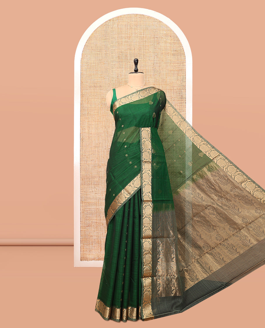 Green Silk Cotton Saree, Woven with Zari Buttas, a Contrast Floral Creeper Border, Grand Pallu, and a Contrast Blouse