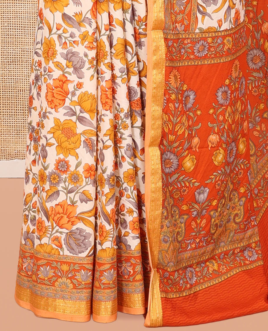 Cream-Base Printed Silk Saree Featuring Floral Vine Print, a Contrast Floral Printed Zari Border, Printed Pallu, and a Contrast Blouse