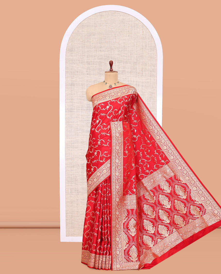 Red Semi-Banaras Satin Silk Saree