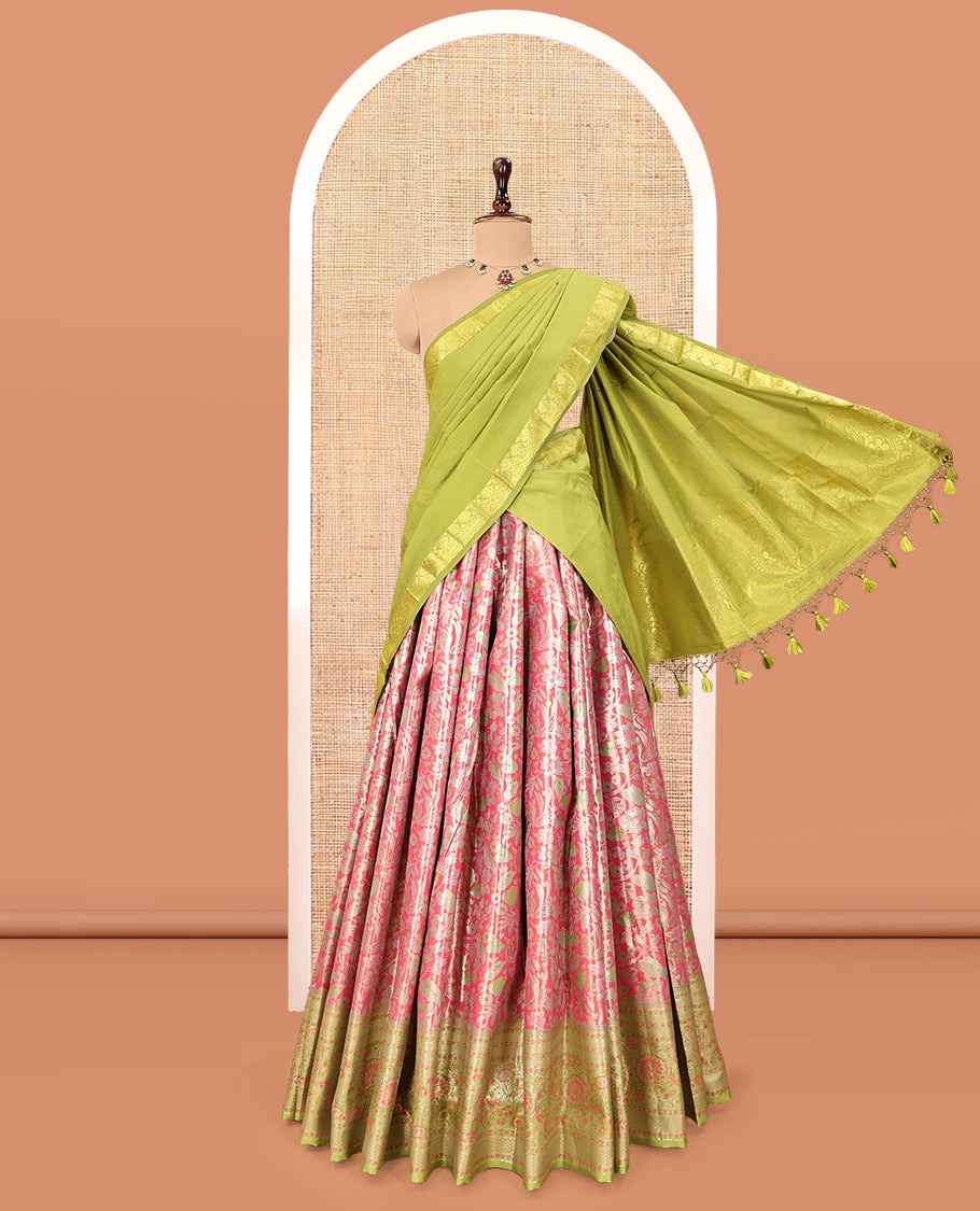 Pink Art Silk Material Half Saree Set, Enriched with Jacquard Skirt, a Contrast Meenakari Floral Border, Contrast Blouse, and an Intricate Dhavani