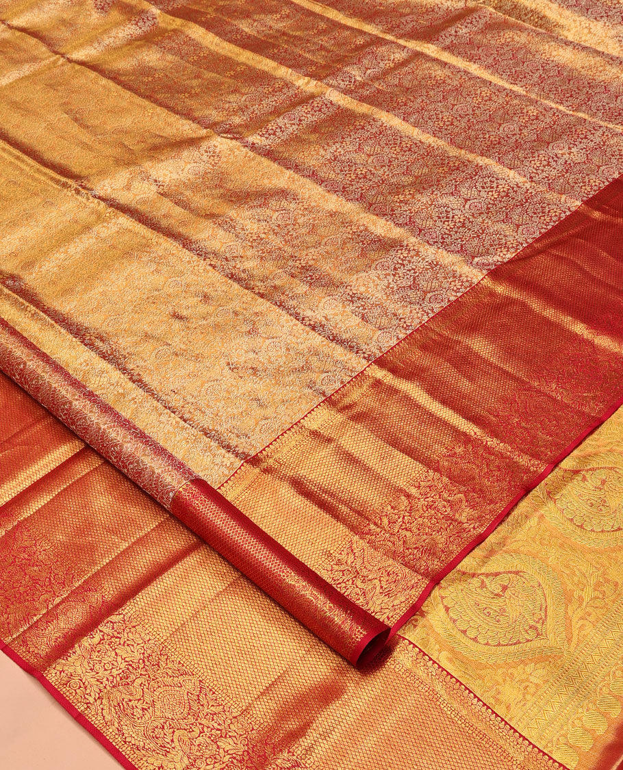 Red Kanchipuram Tissue Silk Saree, Opulently Embellished with Jacquard Design, Complemented by Contrast Border of Kathir, Mayil Kann, and Mayil, Grand Pallu, and Contrast Blouse