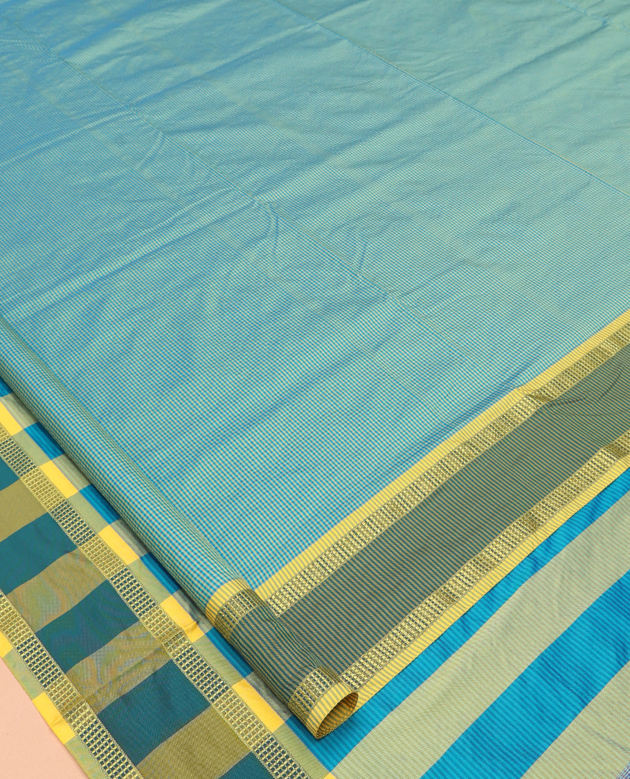 Light Blue Micro-Checked Art-Silk Nine Yard Saree, a Contrast Traditional Zari Border, Striped Pallu, and No Blouse