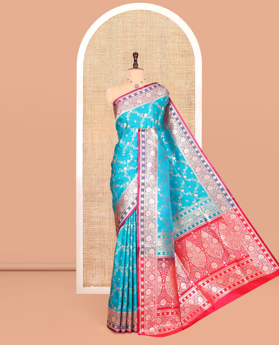 Blue Banarasi Nylon Saree, Spotlighted with Jacquard, Contrast Floral Creeper Zari Border, Intricate Pallu, and a Contrast Blouse