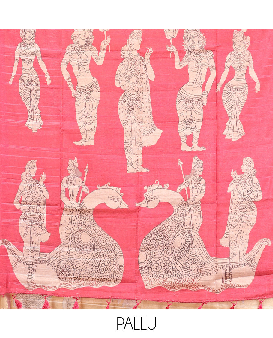 Orange Semi-Tussar Silk Saree, Artfully Detailed with Kalamkari-Style Human Motifs Printed on Its Body, Complemented by a Contrast Temple Zari Border, Creatively Kalamkari Printed Pallu, and Paired with a Contrast Blouse