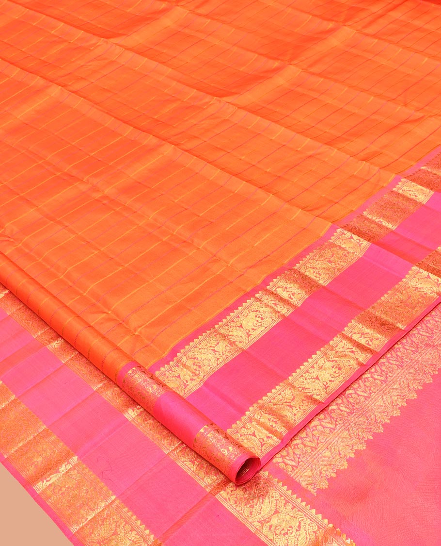 Orange Striped Kanchipuram Silk Saree, Complemented by a Contrast Rettai Pettu Border of Rekku, Mayil, and Kuthirai Designs, Floral Jaal Pallu, and Contrast Blouse
