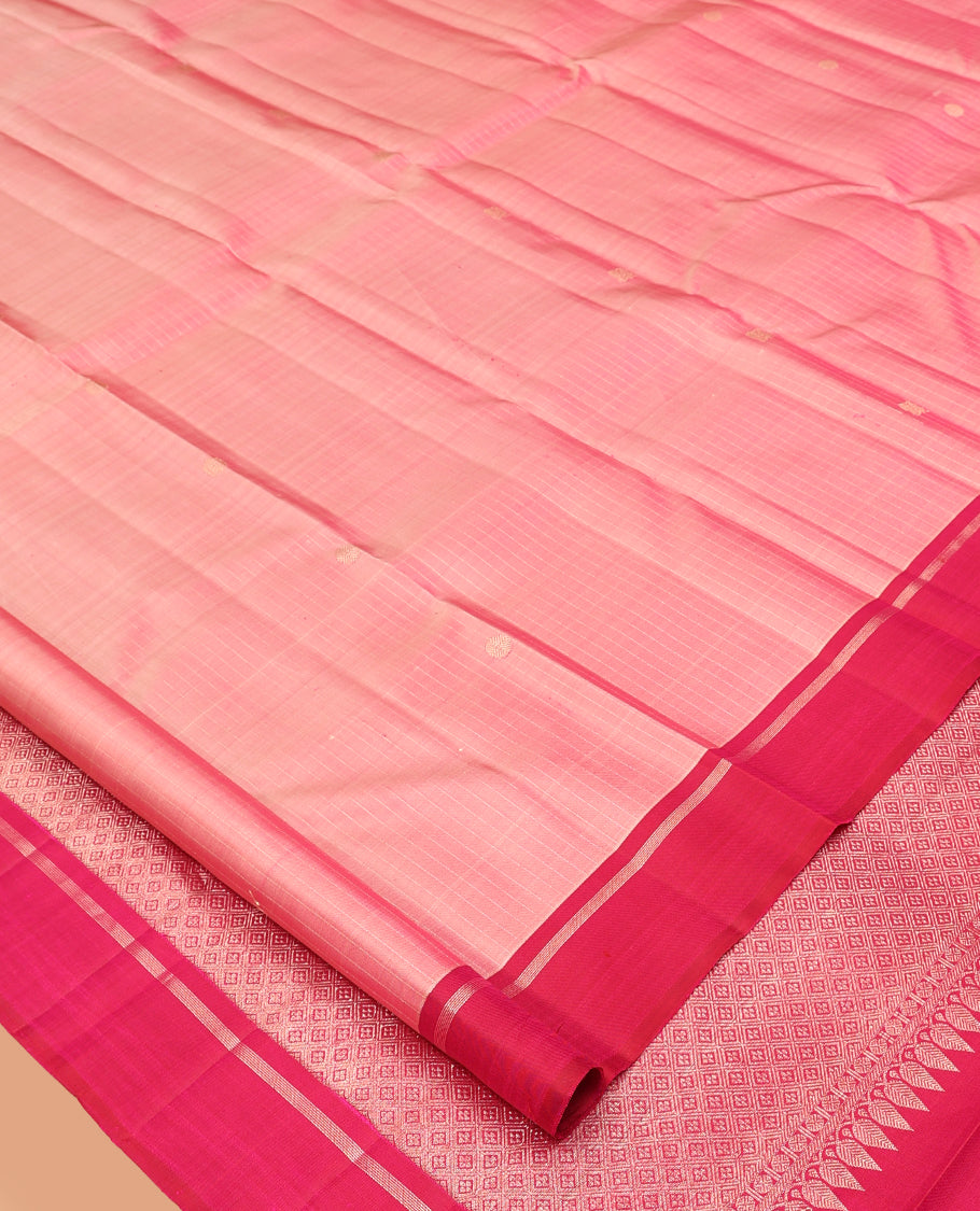 Pink Kanchipuram Silk Saree, Subtly Sparkled with Checks and Buttas, Complemented by a Contrast Border, Grand Jaal Pallu, and a Contrast Blouse