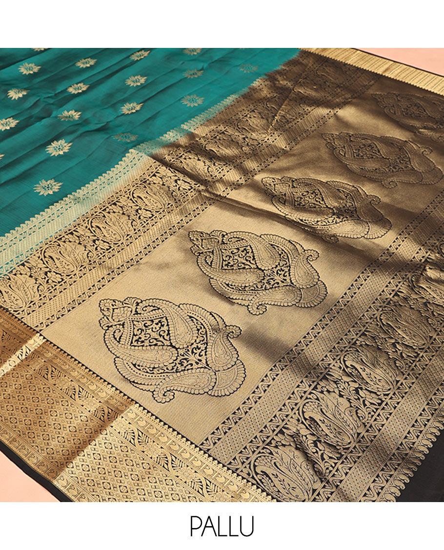 Green Vasundhara Lite Silk Mix Saree, Adorned with Zari Buttas All Over Its Body, Complemented by Contrast Border of Floral and Jaal Designs, Grand Pallu, and Paired with a Contrast Blouse