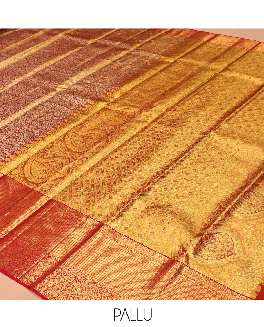 Red Kanchipuram Tissue Silk Saree, Opulently Embellished with Jacquard Design, Complemented by Contrast Border of Kathir, Mayil Kann, and Mayil, Grand Pallu, and Contrast Blouse