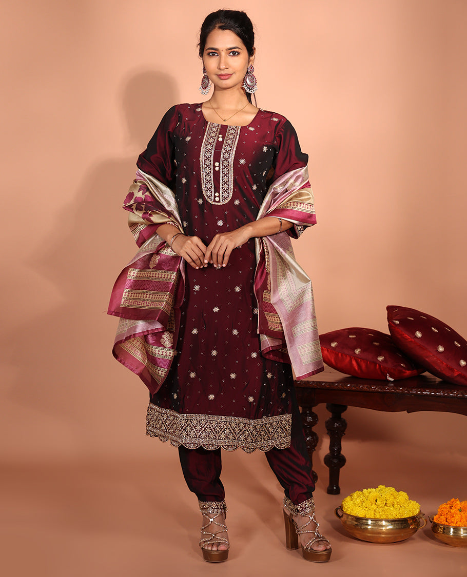 Maroon Vichitra Silk Readymade Suit