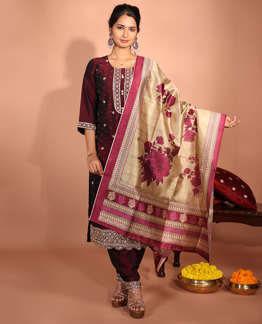 Maroon Vichitra Silk Readymade Suit