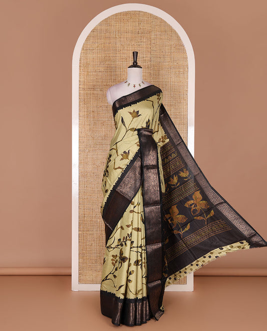 Green golden zari stripes, and floral vine printed dola silk saree, contrast traditional temple zari border, and floral printed pallu