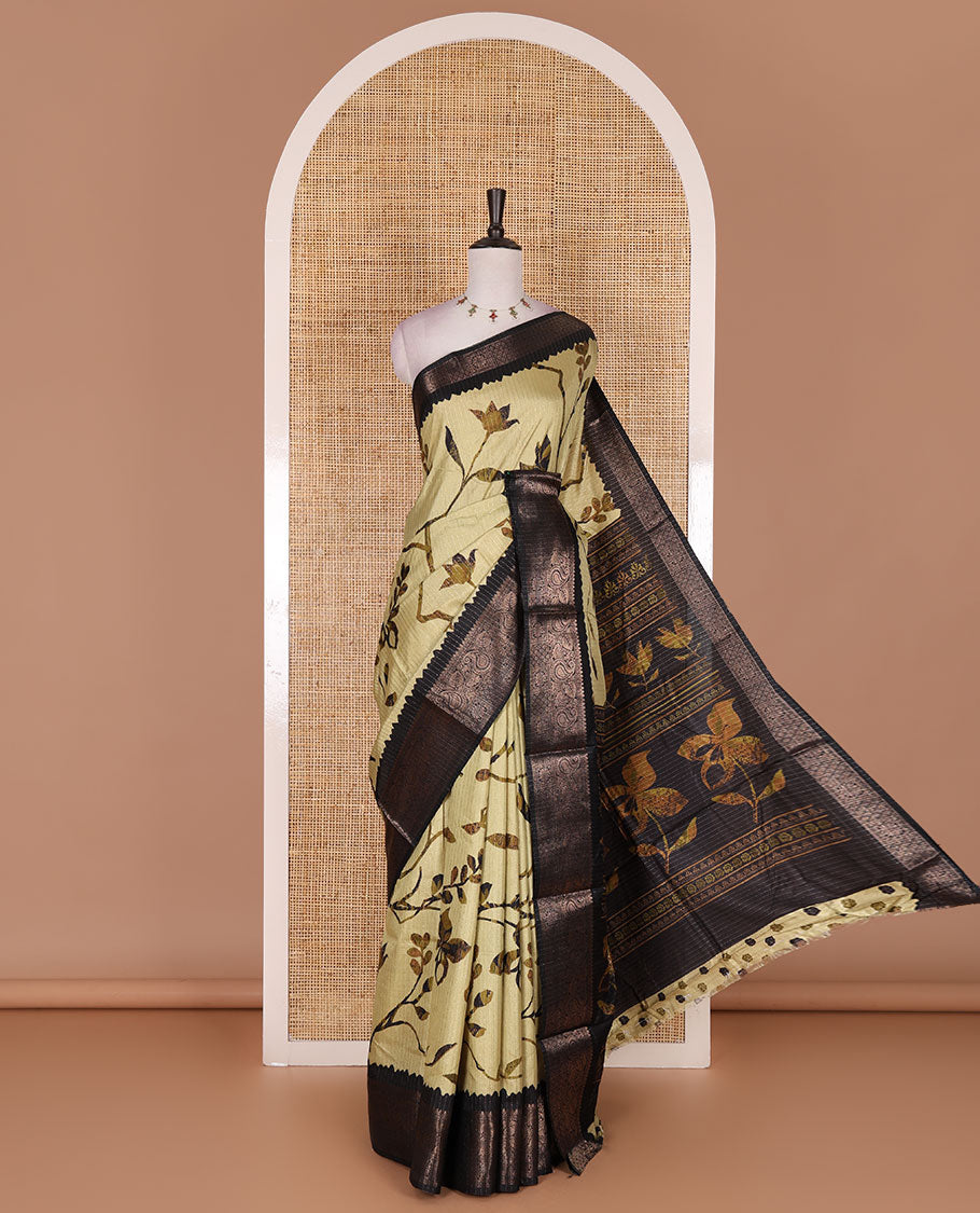 Green golden zari stripes, and floral vine printed dola silk saree, contrast traditional temple zari border, and floral printed pallu