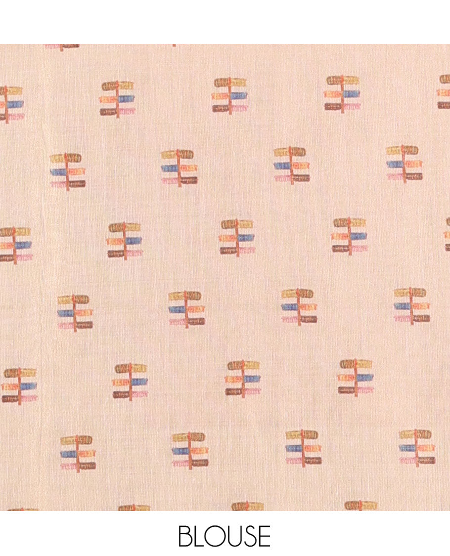 Gold Tissue Saree, Artfully Designed with Girl Motif Painting and Mirror work, a Scallop Border, and a Printed Blouse