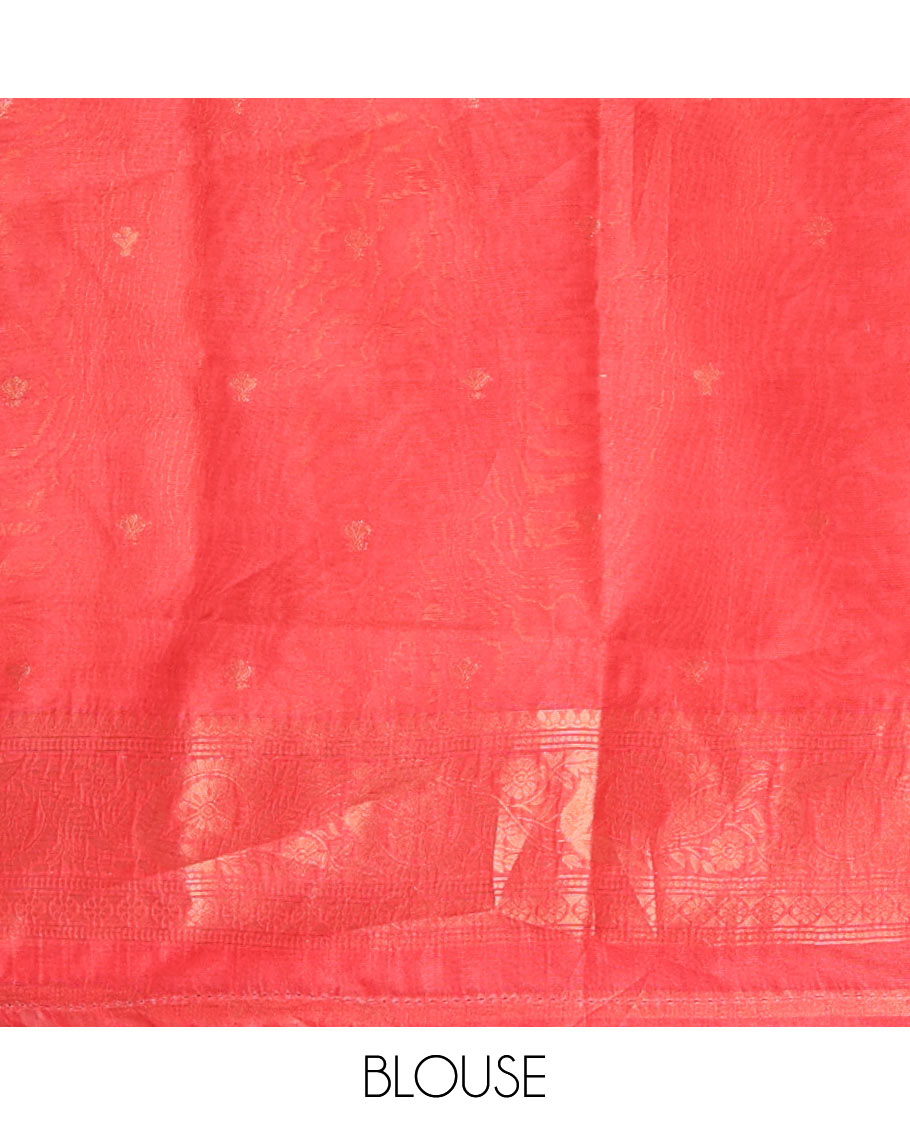 Cream with red zari jall weaving design banaras brasso saree with contrast jacquard border & weaving pallu along with butta design blouse