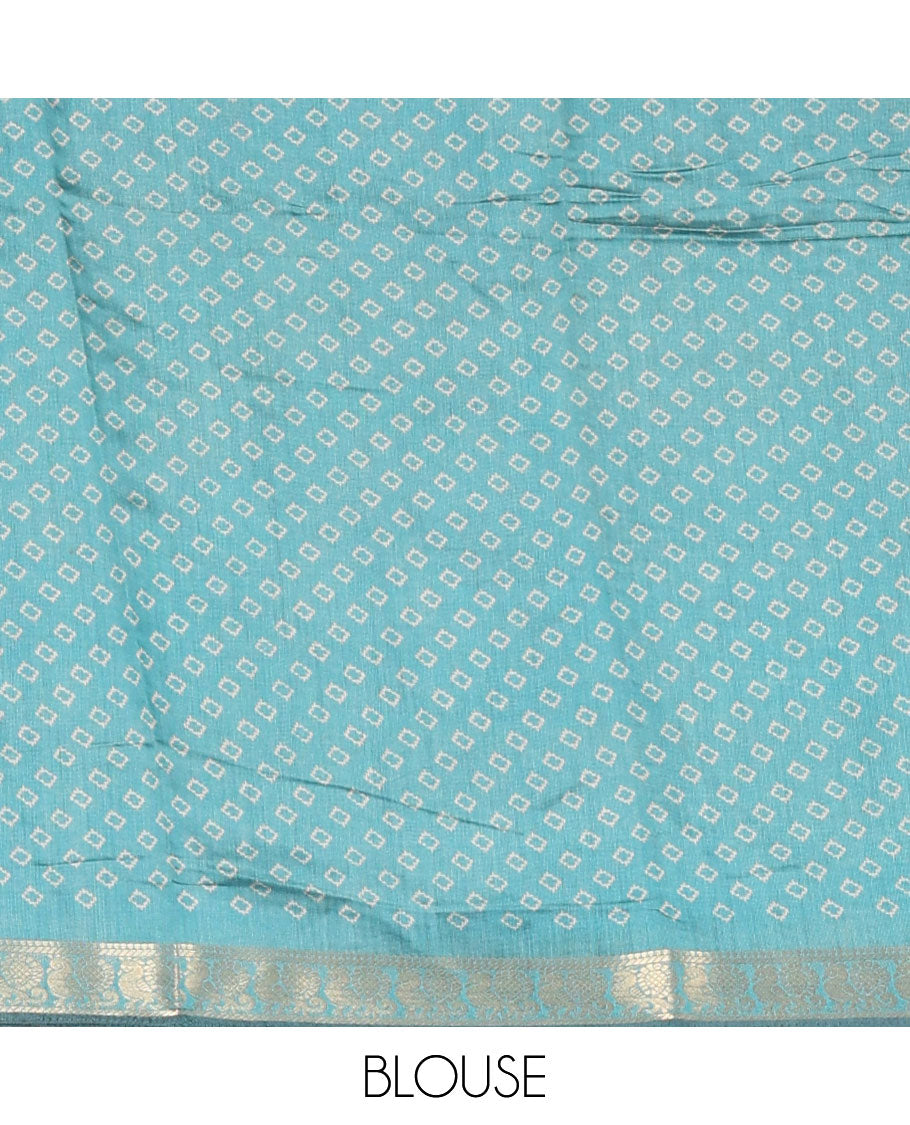 Blue zig-zag shibori printed Maheshwari silk saree,contrast peacock zari border, nature-theme scenery print pallu & butta print blouse