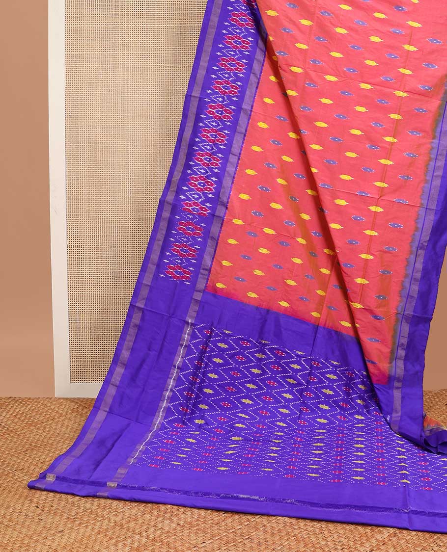 Red motifs ikkat sareewith contrast floral design border & argyle design pallu