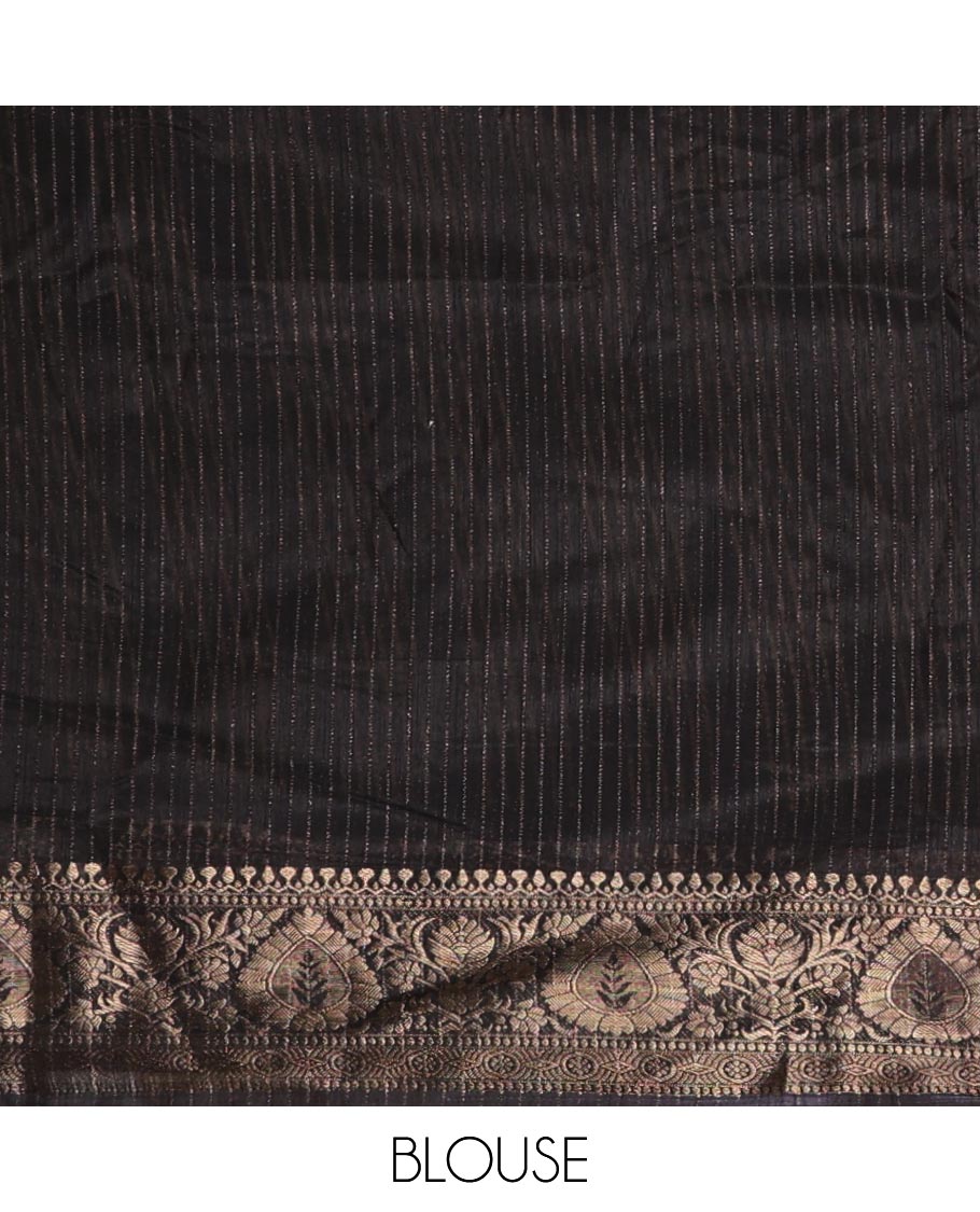 Black and gold dola silk saree with zari stripes and kalamkari-theme motifs printed on its center of the body, golden zari jacquard border & zari design blouse