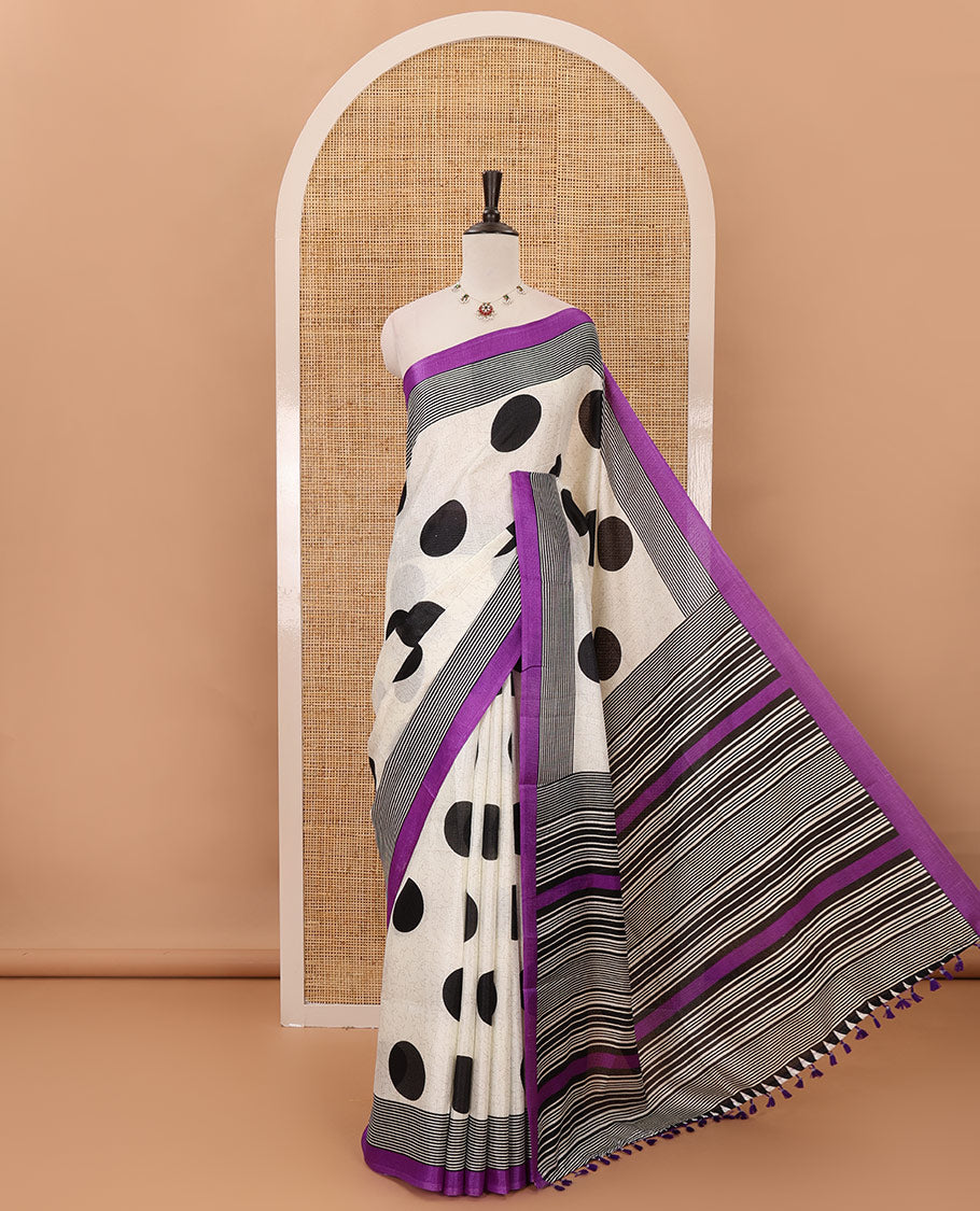 Cream polka dot printed khadi cotton saree, contrast piping border with stripes print, striped printed pallu & purple stripes printed blouse