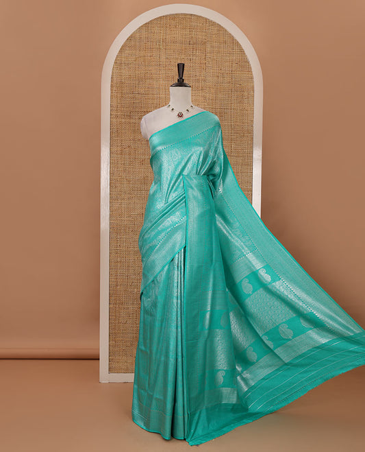Turquoise mango-design jamdani zari body softy saree, self-traditional zari border, rich pallu & matching blouse