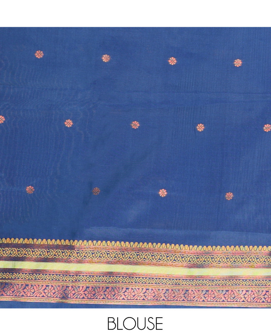 Sea Green Litchi Chettinad Saree, Subtly Woven with Thread Leaf Buttas, Contrast Traditional Border, and a Contrast Blouse