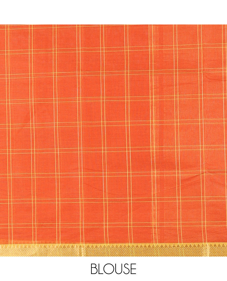 Orange checked design khadi cotton saree, contrast zari border & traditional zari design pallu