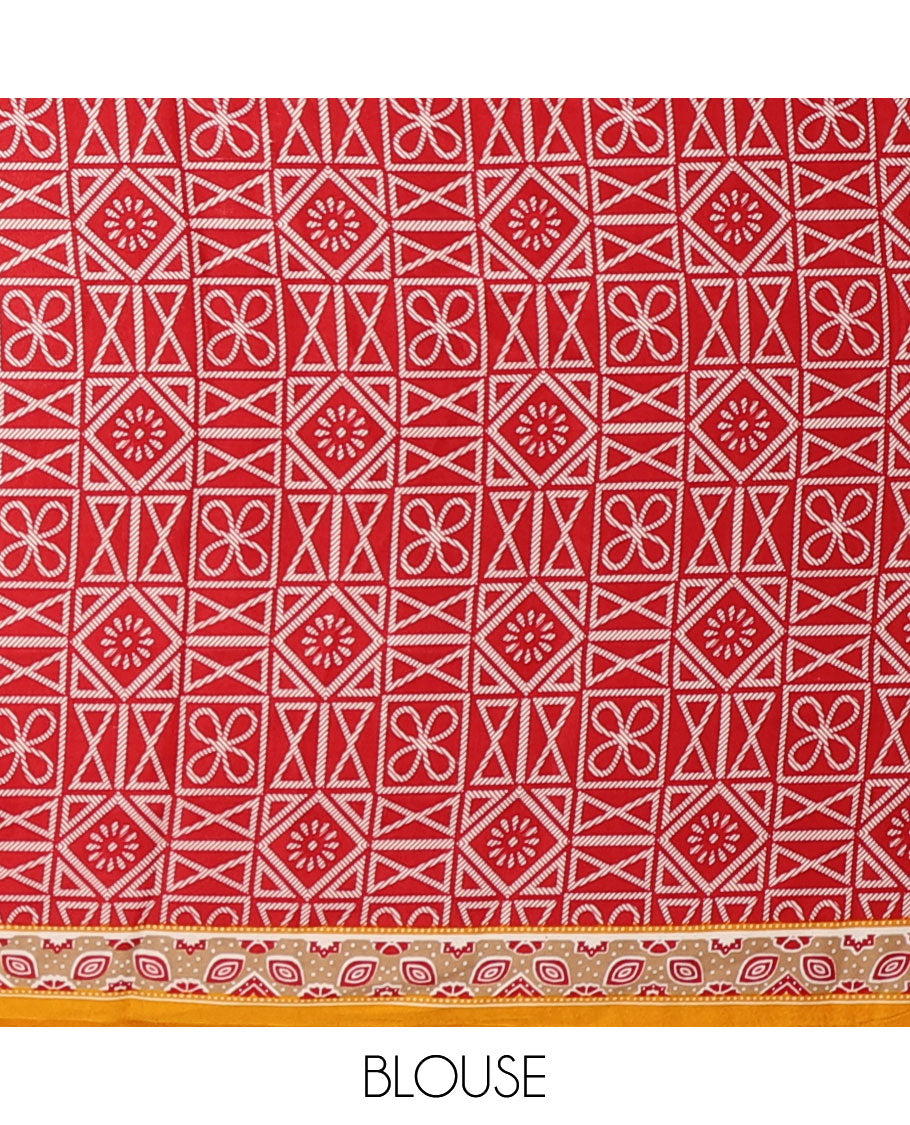 Mango yellow half-&-half style modal satin saree features floral & geometric Ajrakh printed contrast border & pallu