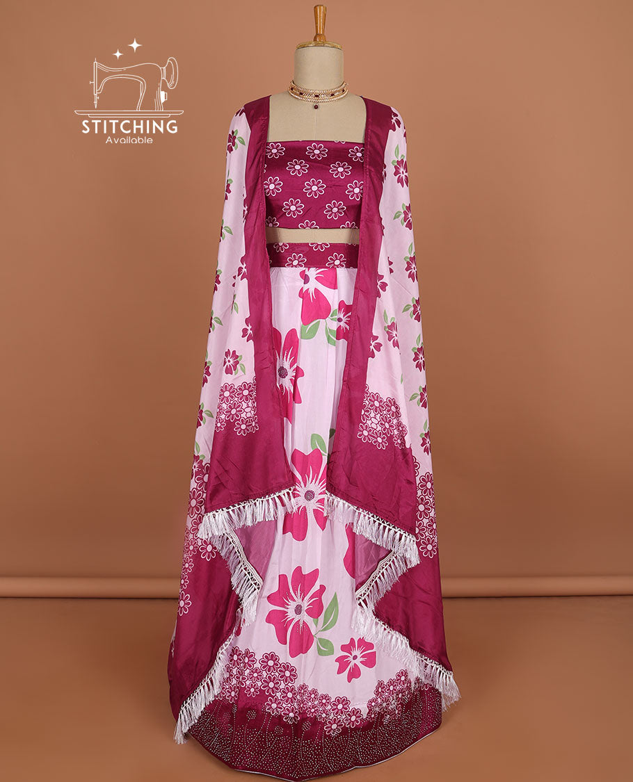 Light pink floral design half saree with contrast border, floral design blouse & floral design dhavani