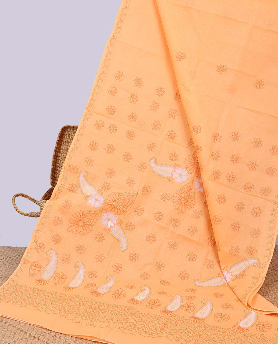 Orange floral embroidery lucknowi chikankari cotton saree,self scallop design border & pallu of floral embroidery