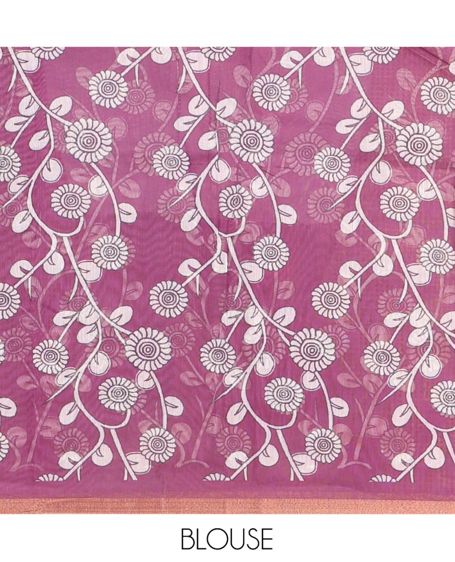 Purple Chanderi Cotton Saree, Adorned with Kalamkari-Style Ancient Human Figurines Printed on Its Body, Subtle Zari Piping Border, Pallu Depicting Kalamkari Peacocks, and Paired with a Matching Blouse