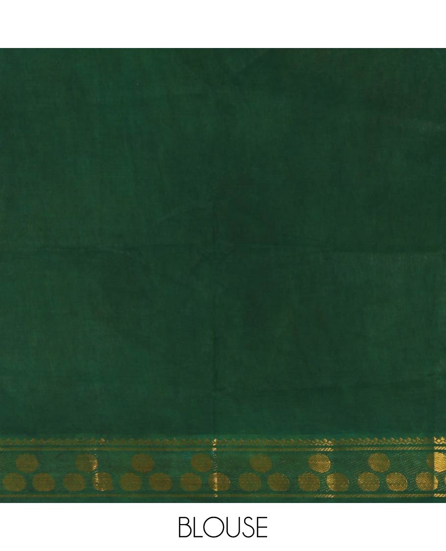 Orange full-plain sungudi cotton saree, contrast zari round motif big border, lining seer pallu & plain green blouse