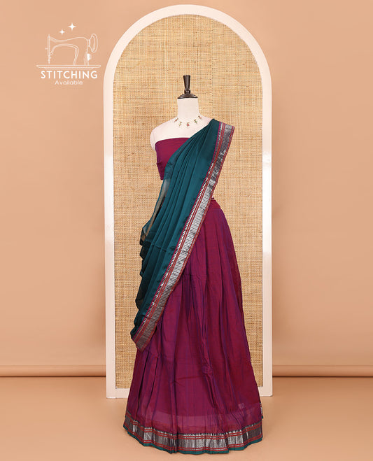 Magenta mercerized cotton half-saree, plain & contrast traditional temple border skirt, matching blouse & contrast temple zari border vichitra silk dhavani