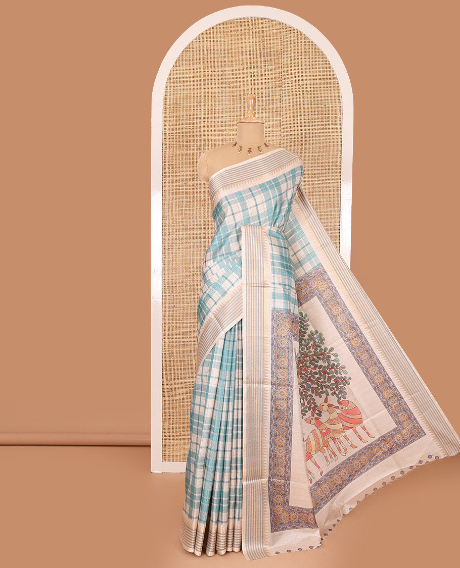 Rama checked patterned semi-tussar saree with contrast temple striped border, Madhubani printed pallu, and a contrast printed blouse