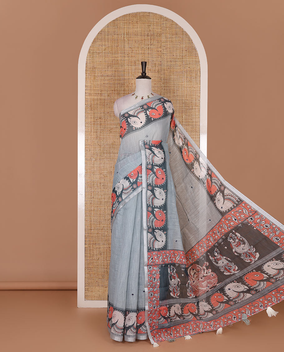 Grey mirror thread embroidered linen saree, contrast kalamkari peacock printed border, pallu of kalamkari peacock and human figurines print, and printed blouse