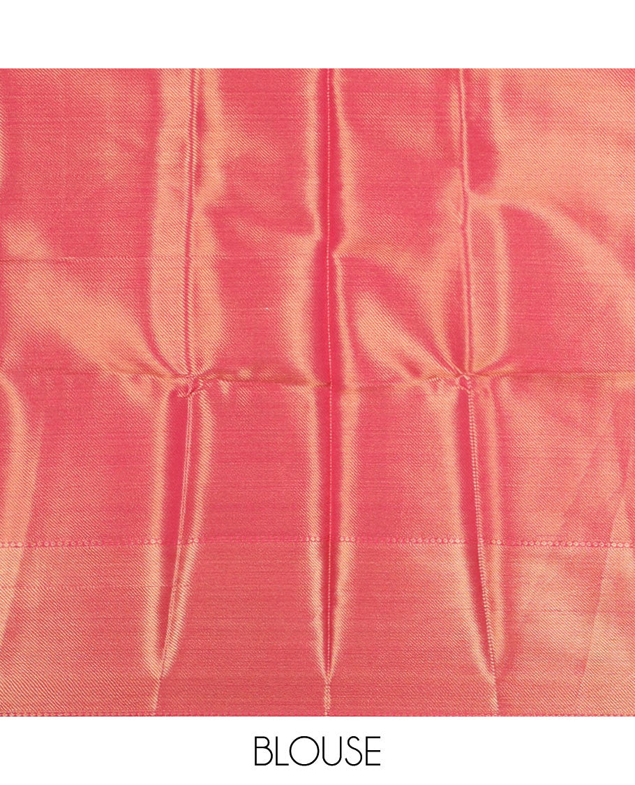 Pink butta enclosed checks screen-printed banaras tissue saree, zari bavanji border, brocade weave pallu & contrast brocade blouse