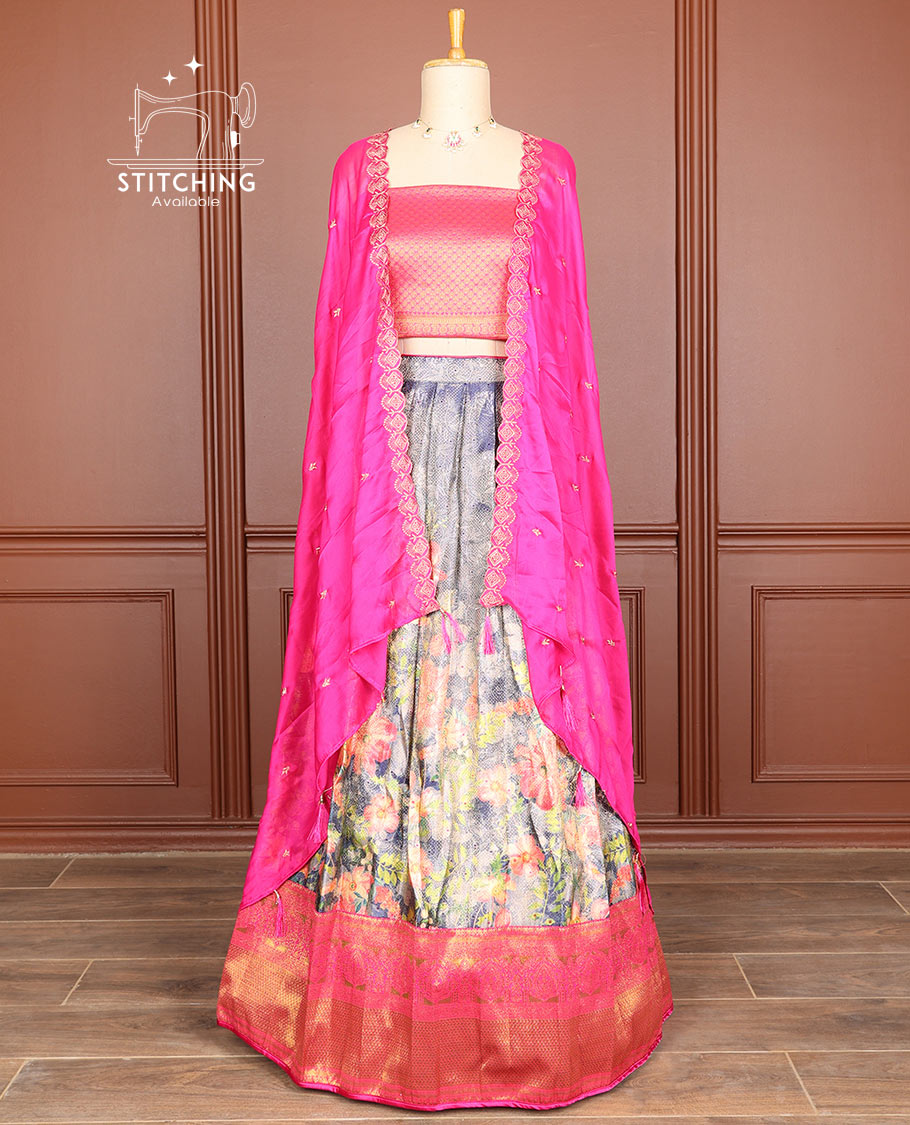 Multi-color motifs half saree with geometric design border, zari design blouse & floral embroidery scallop border dhavani