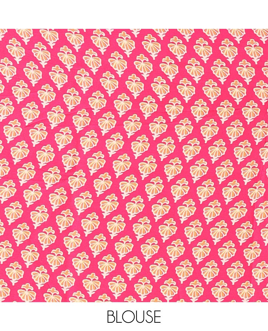 Rani pink plain gajji silk saree features a temple-printed border, a circular-shaped vine-patterned pallu, and a unique motif-printed blouse