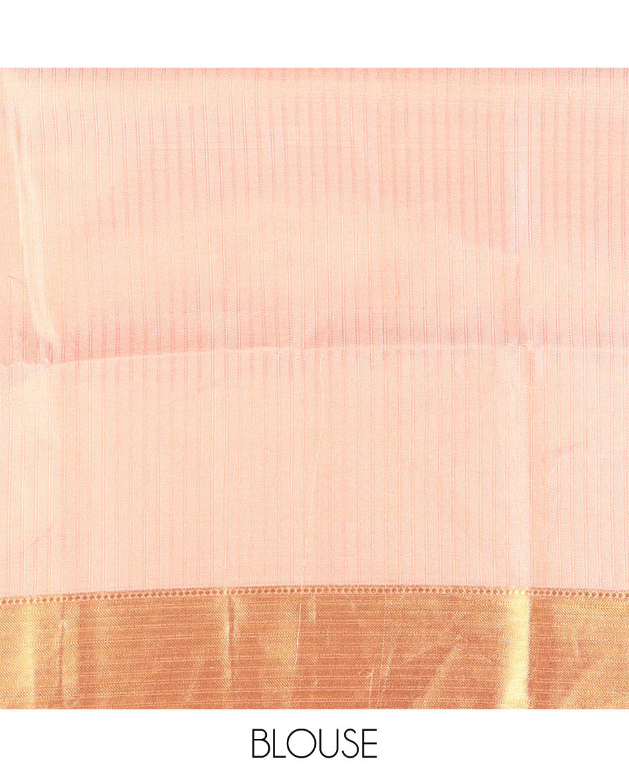 Peach Tissue Saree, Gleamed Up with Leaf Jacquard Design, Zari Traditional Border, a Self-Pallu, and a Matching Blouse