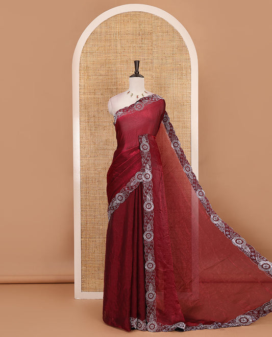 Wine full-plain fendy chiffon saree, scallop swarovski stone work geometric border and contrast plain blouse