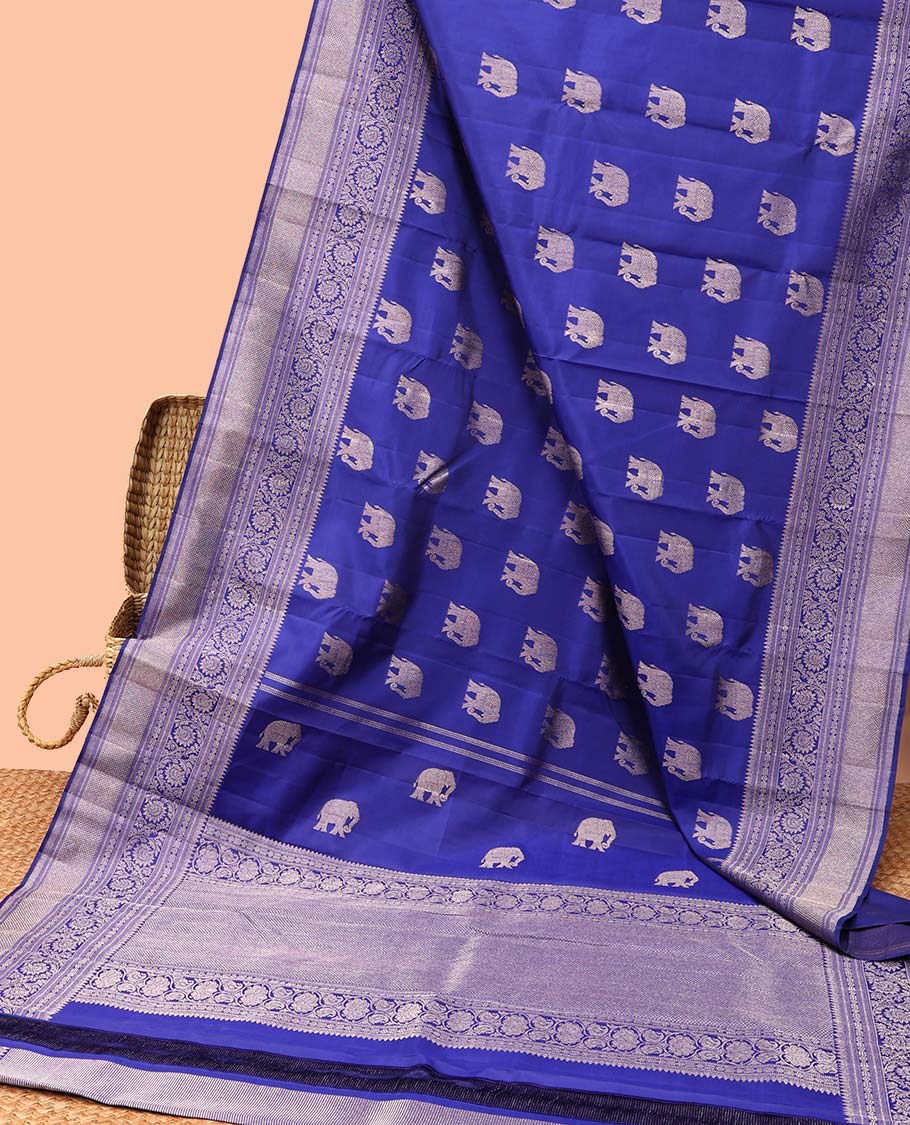 Blue elephant buttas silk saree , intricate pallu & border of thilkam mokku , muthu, banaras & jaal design