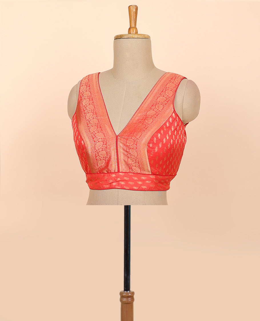 Red intricate floral zari design front & back deep v-neck raw-silk readymade sleeveless blouse