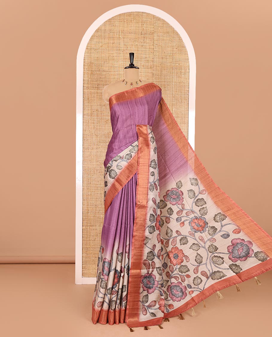 Purple plain fancy tussar saree, contrast floral printed border, floral vine printed pallu, and a contrast plain blouse