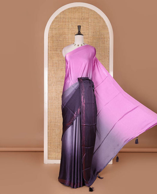 Pink ombre full-plain satin crepe saree, copper zari border, and plain blouse