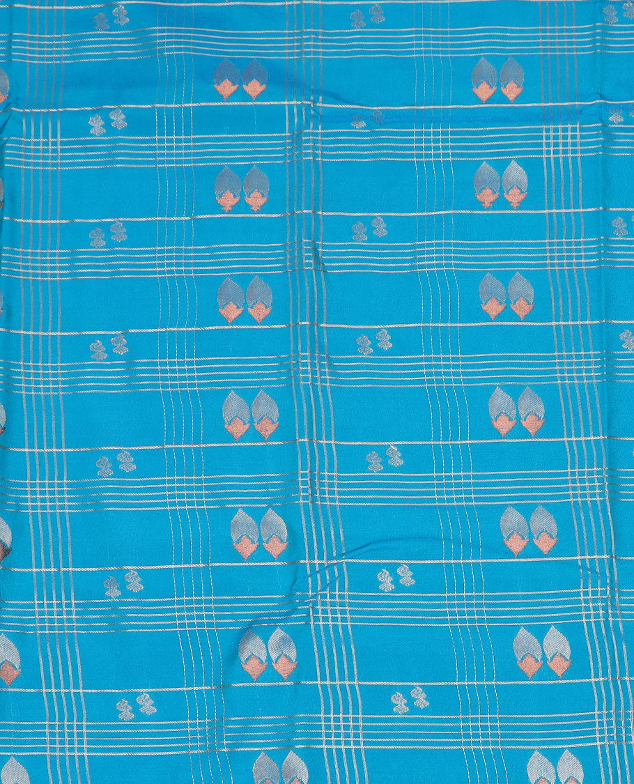 Blue art silk pavadai material set, zari design pavadai, contrast blouse & traditional zari border