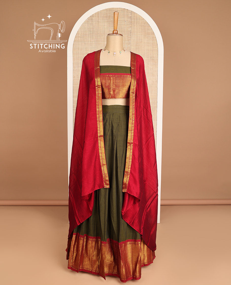 Green zari design cotton half saree with zari design blouse and intricate zari design border dhavani