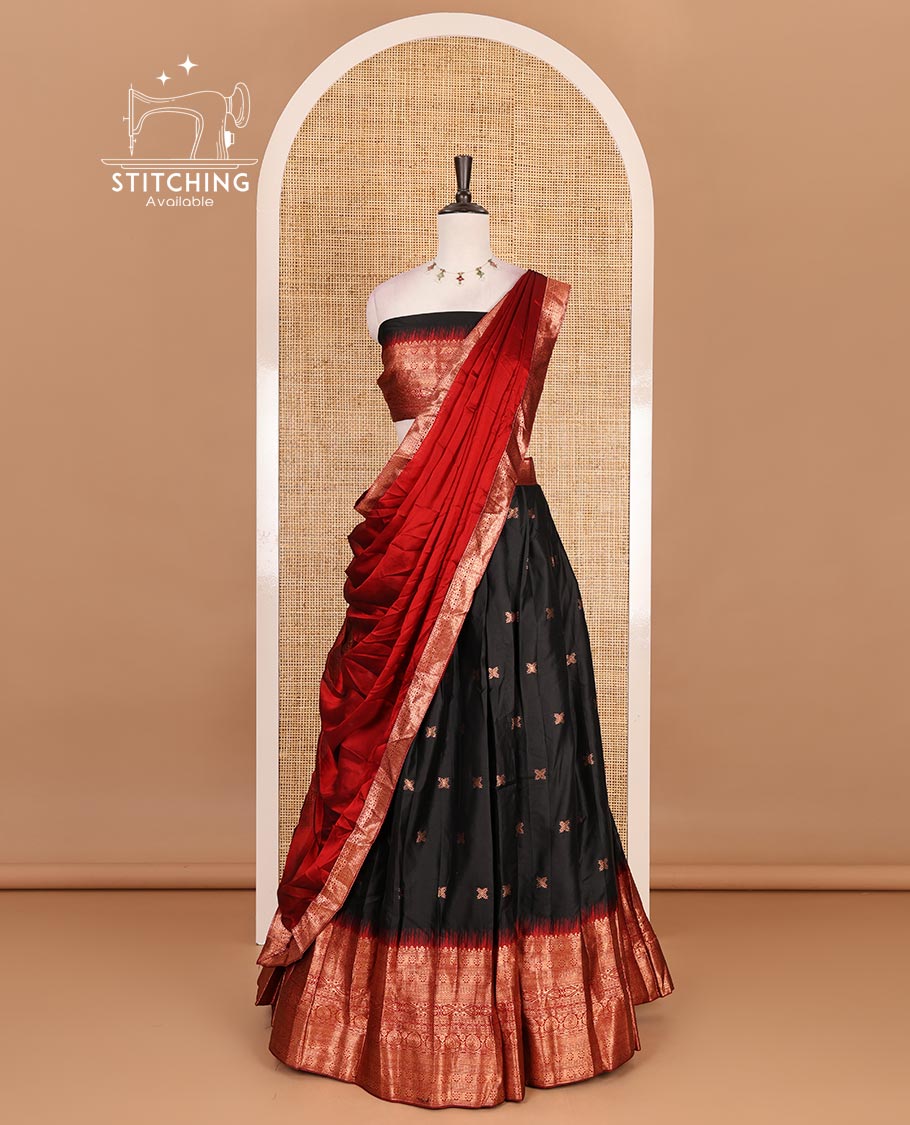 Black taffeta silk half saree, zari buttas with contrast Maroon traditional zari border, matching zari blouse, and contrast plain zari border dhavani